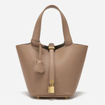 Minimalist Leather Bucket Bag with Gold Lock – Sleek Design - Women's Handbags