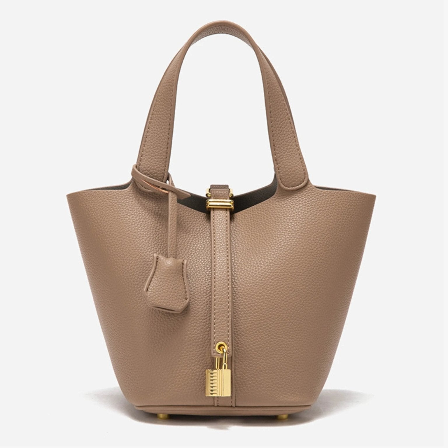 Minimalist Leather Bucket Bag with Gold Lock – Sleek Design - Women's Handbags