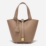 Minimalist Leather Bucket Bag with Gold Lock – Sleek Design - Women's Handbags