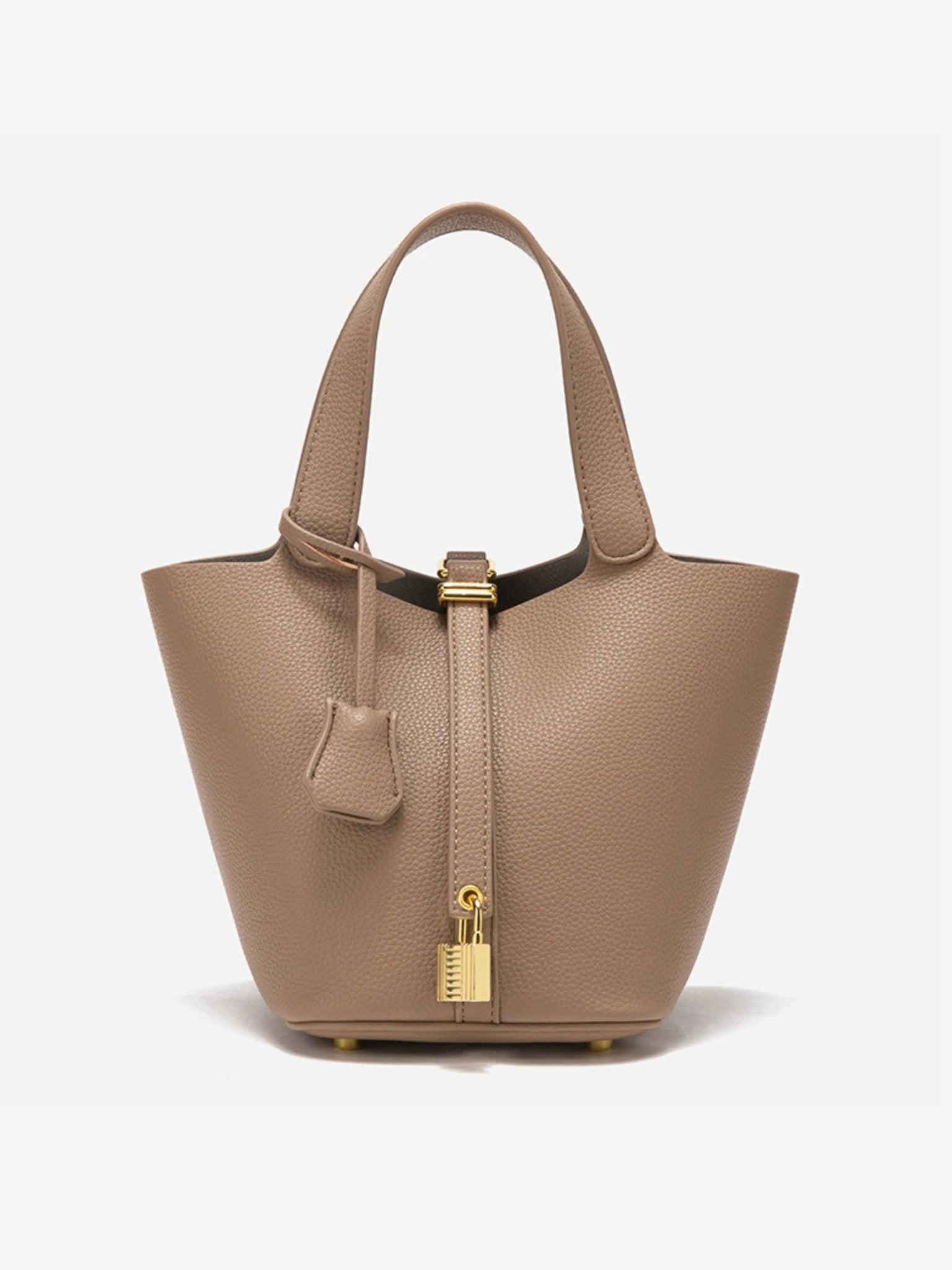 Minimalist Leather Bucket Bag with Gold Lock – Sleek Design - Women's Handbags