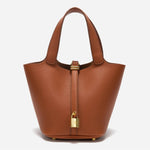 Minimalist Leather Bucket Bag with Gold Lock – Sleek Design - Women's Handbags