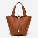 Minimalist Leather Bucket Bag with Gold Lock – Sleek Design - Women's Handbags