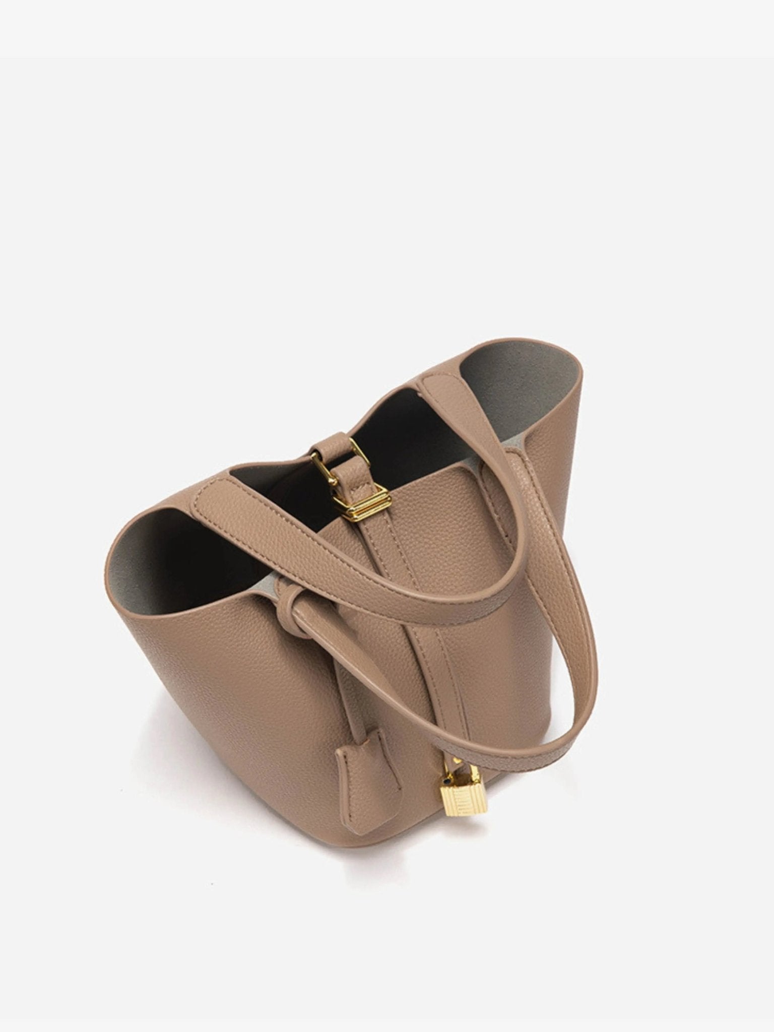 Minimalist Leather Bucket Bag with Gold Lock – Sleek Design - Women's Handbags