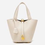 Minimalist Leather Bucket Bag with Gold Lock – Sleek Design - Women's Handbags