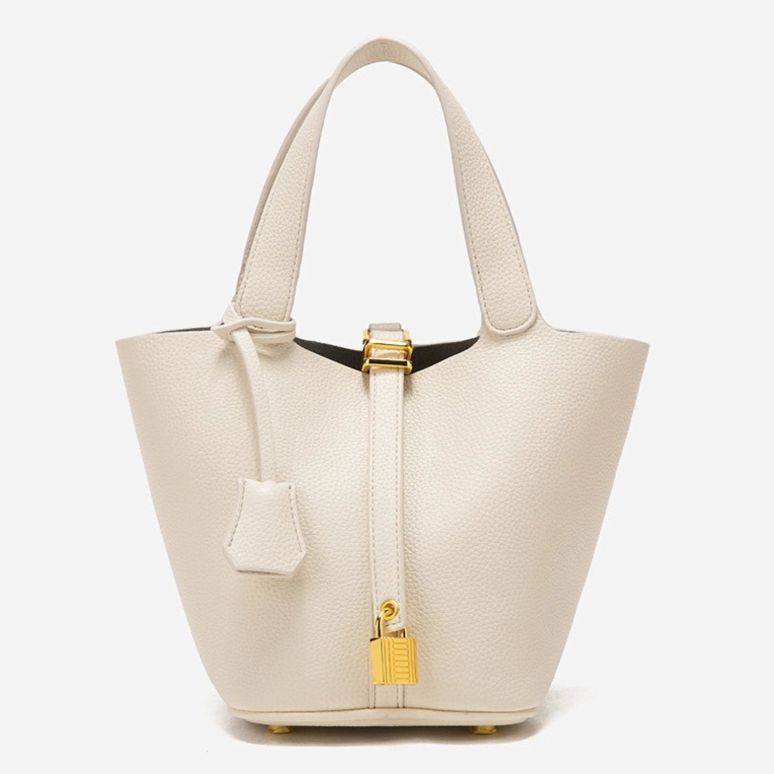 Minimalist Leather Bucket Bag with Gold Lock – Sleek Design - Women's Handbags