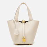 Minimalist Leather Bucket Bag with Gold Lock – Sleek Design - Women's Handbags
