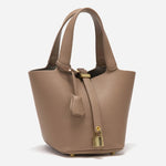 Minimalist Leather Bucket Bag with Gold Lock – Sleek Design - Women's Handbags