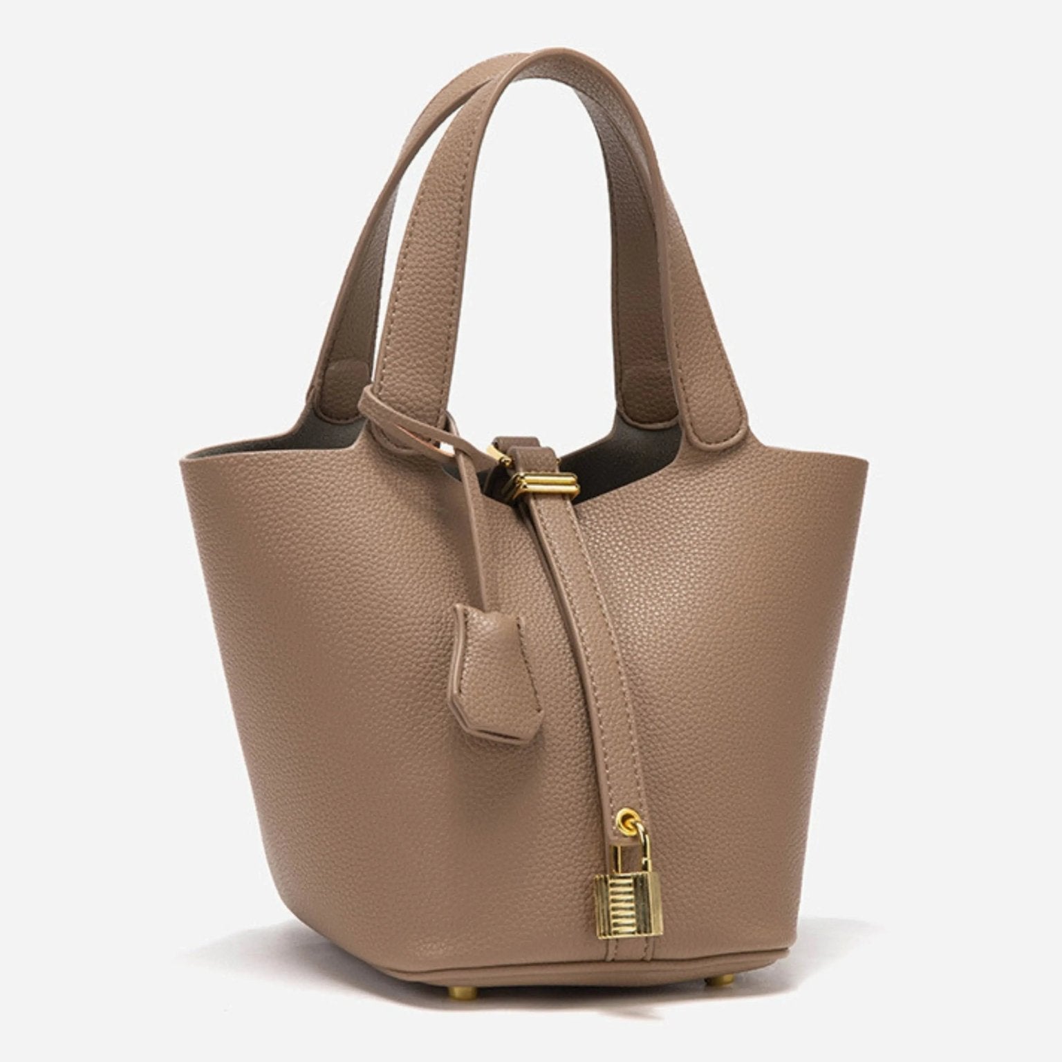 Minimalist Leather Bucket Bag with Gold Lock – Sleek Design - Women's Handbags