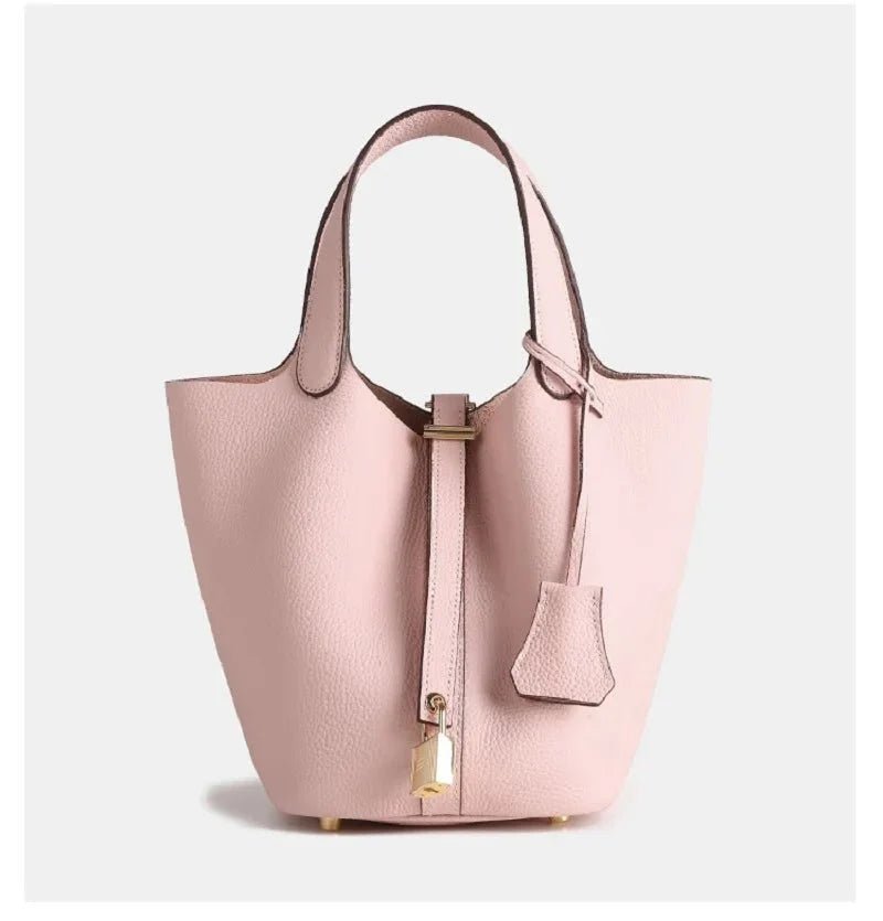 Minimalist Leather Bucket Bag with Gold Lock – Sleek Design - Women's Handbags