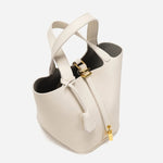 Minimalist Leather Bucket Bag with Gold Lock – Sleek Design - Women's Handbags