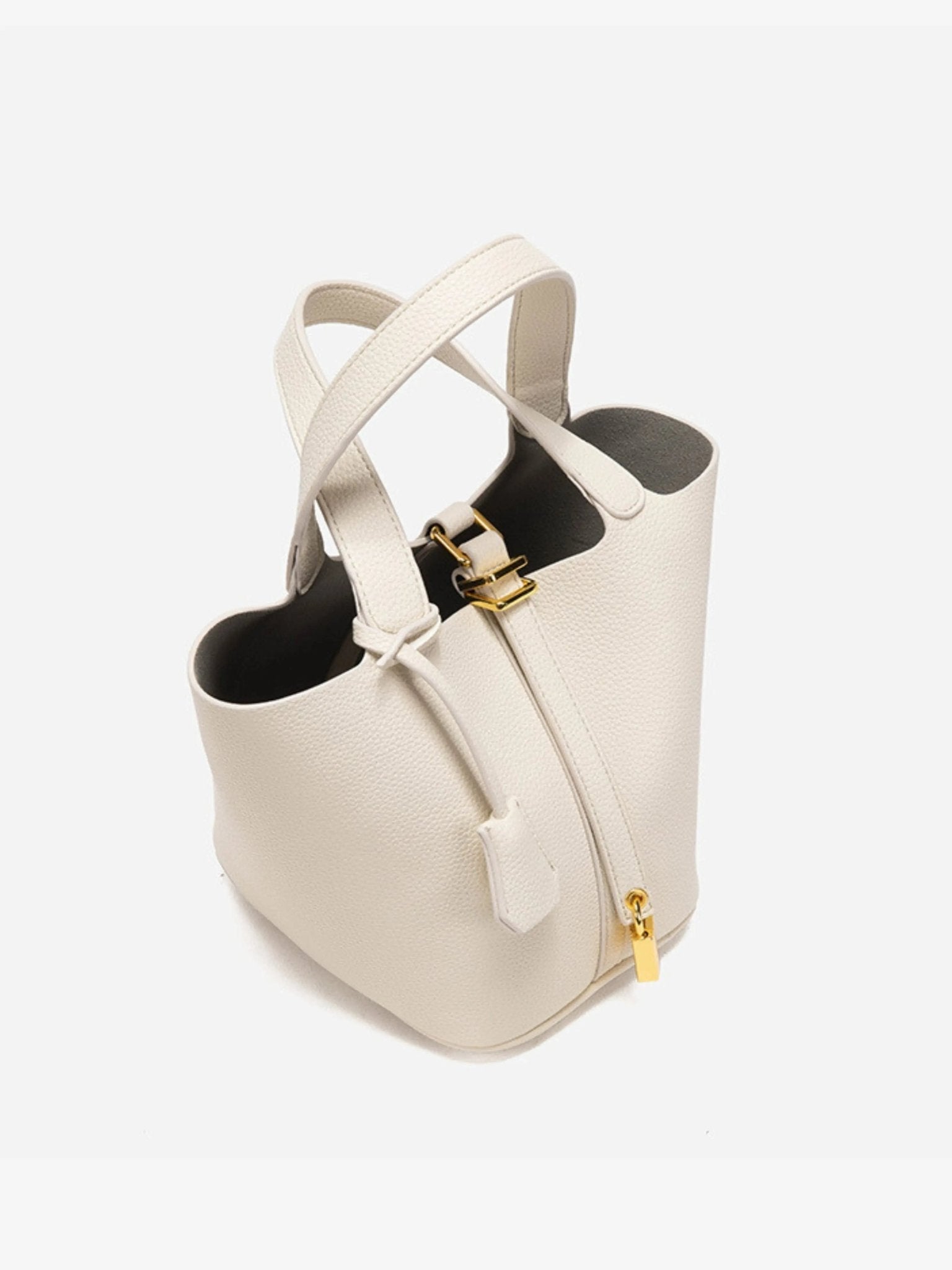 Minimalist Leather Bucket Bag with Gold Lock – Sleek Design - Women's Handbags