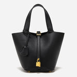 Minimalist Leather Bucket Bag with Gold Lock – Sleek Design - Women's Handbags