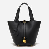 Minimalist Leather Bucket Bag with Gold Lock – Sleek Design - Women's Handbags