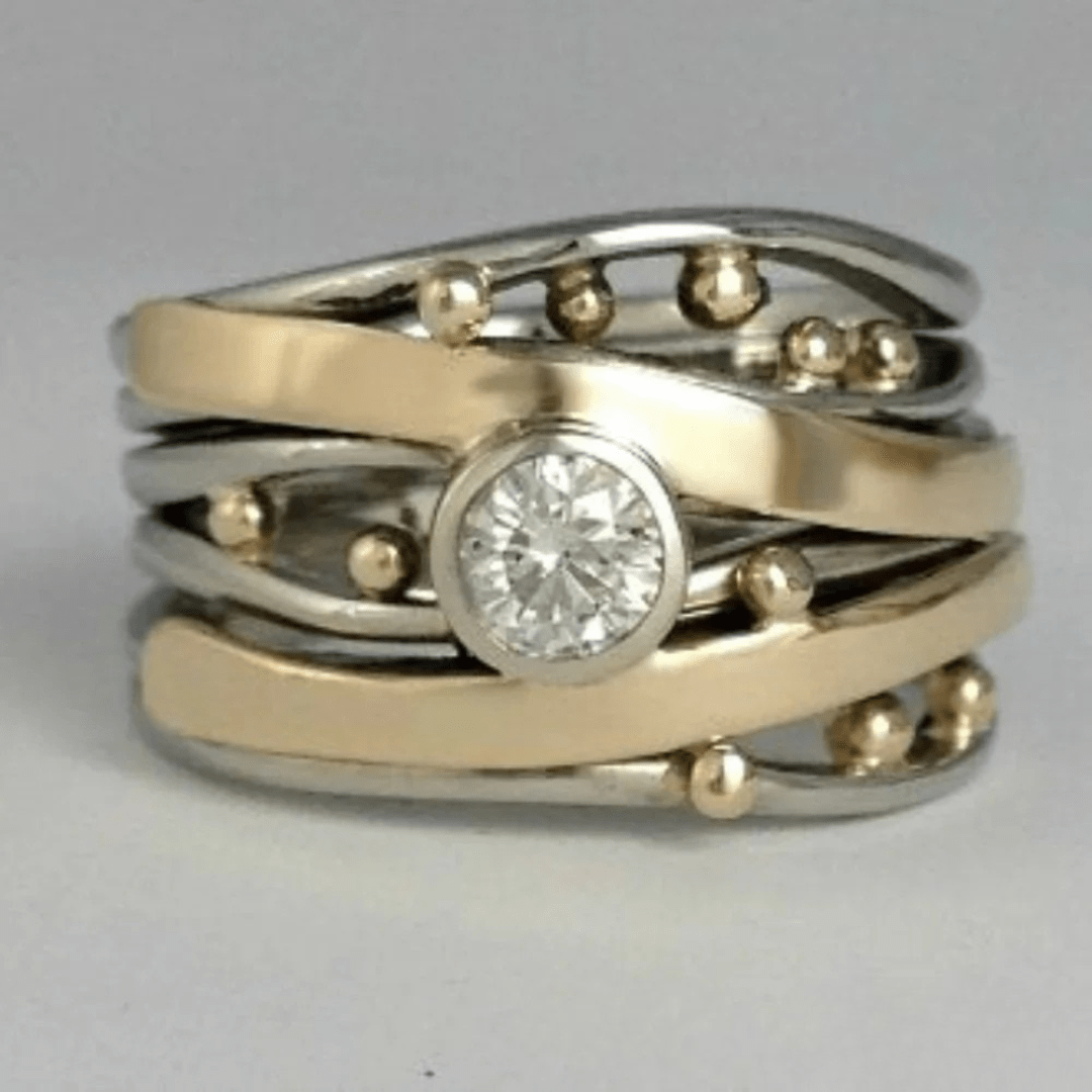 Mixed Metal Wave Band Ring with Beads and Center Stone - Ring