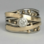 Mixed Metal Wave Band Ring with Beads and Center Stone - Ring