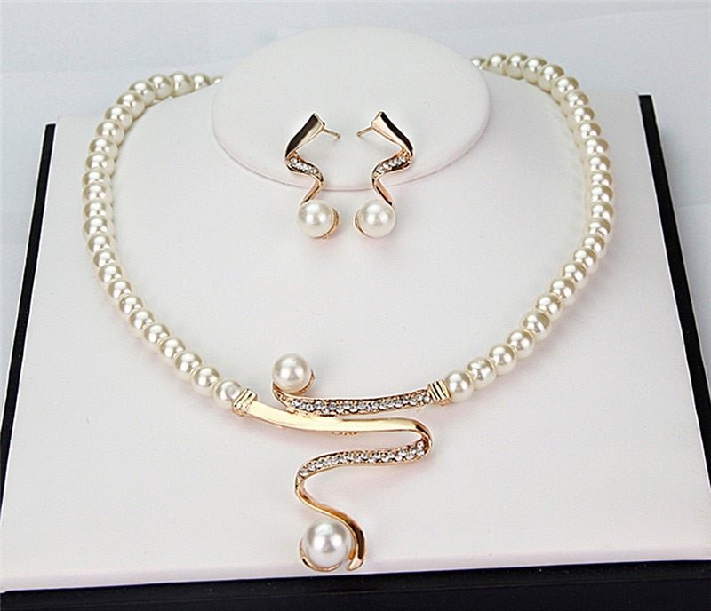 Modern Pearl Necklace and Earring Set with Crystal Curve - Jewelry Set