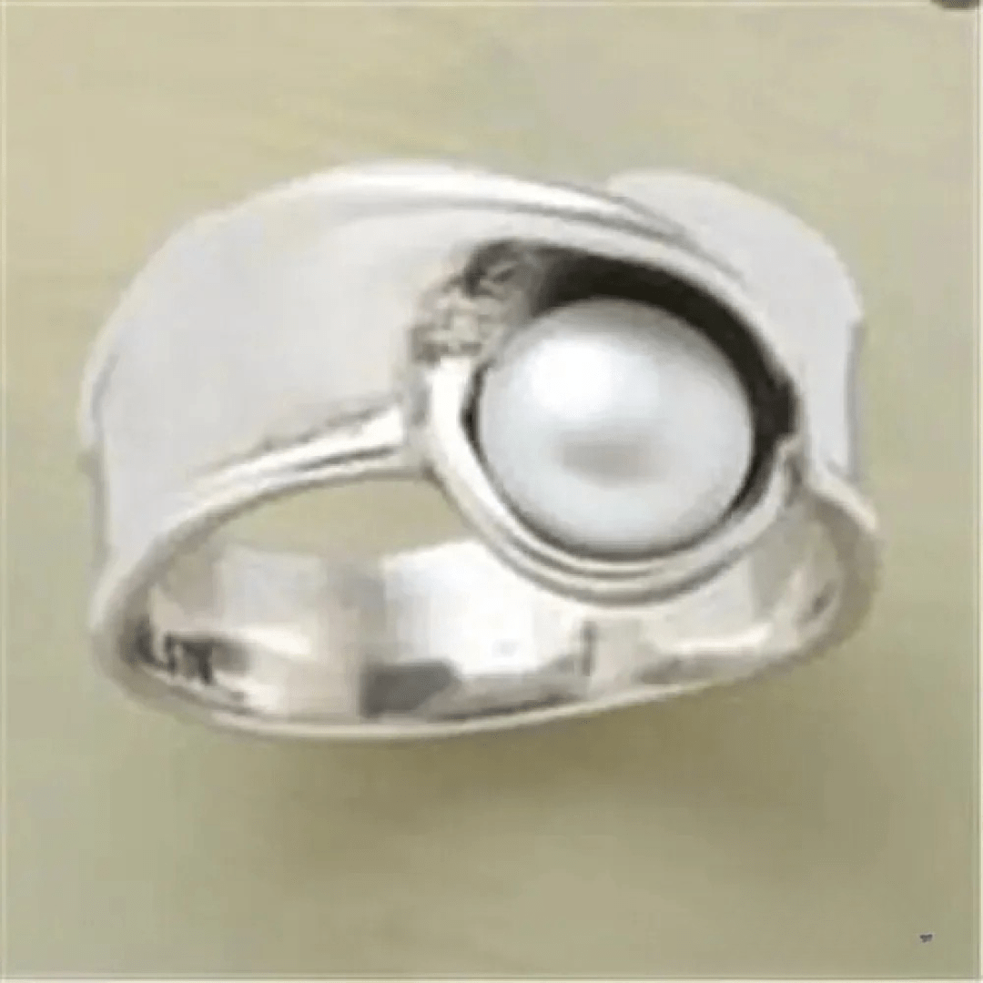 Modern Sculpted Silver Pearl Ring with Wide Band - Ring