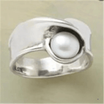 Modern Sculpted Silver Pearl Ring with Wide Band - Ring