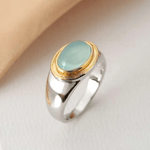 Modern Silver Ring with Aqua Oval Stone and Gold Bezel - Ring