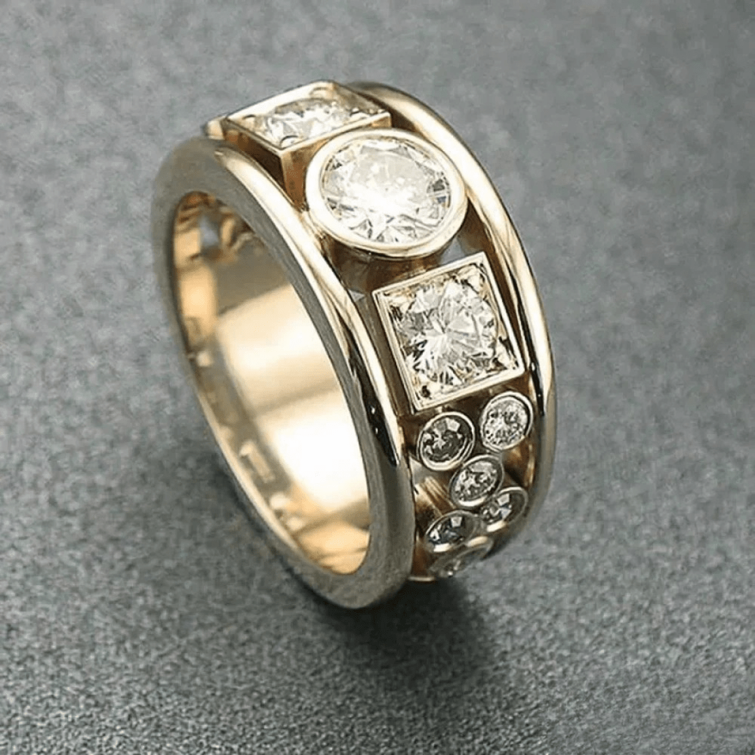 Modern Wide Band Ring with Mixed Cut White Stones - Ring