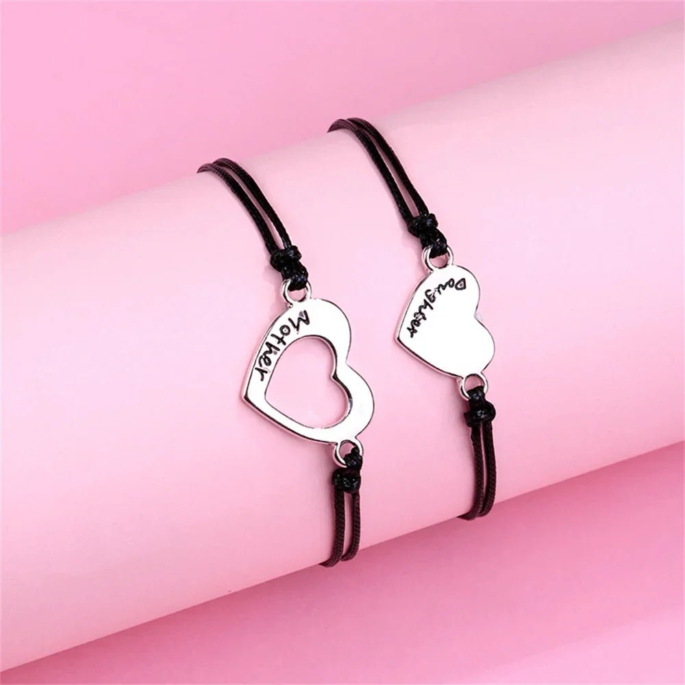 Mother & Daughter Matching Heart Charm Bracelets – Adjustable Black Cord - Bracelets