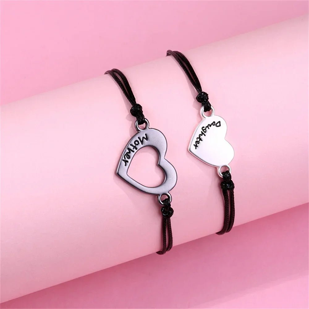 Mother & Daughter Matching Heart Charm Bracelets – Adjustable Black Cord - Bracelets