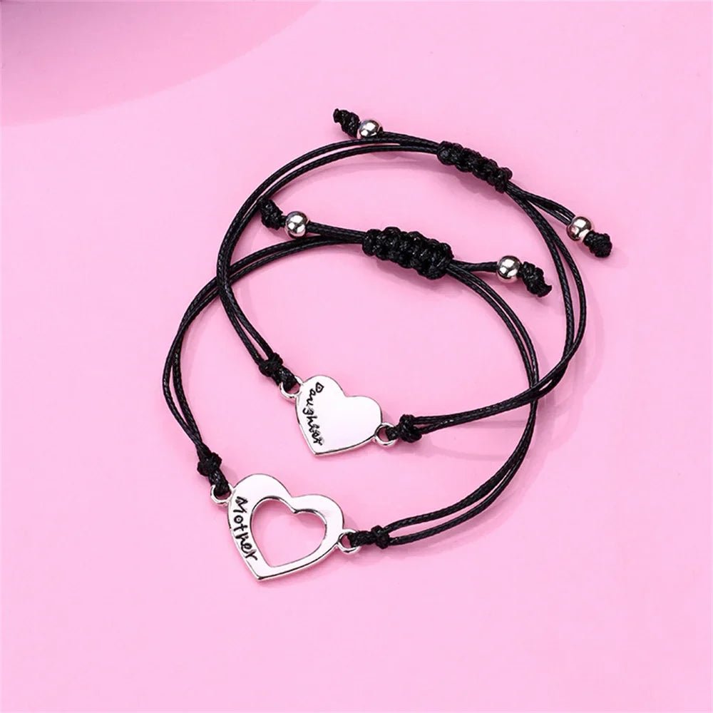 Mother & Daughter Matching Heart Charm Bracelets – Adjustable Black Cord - Bracelets