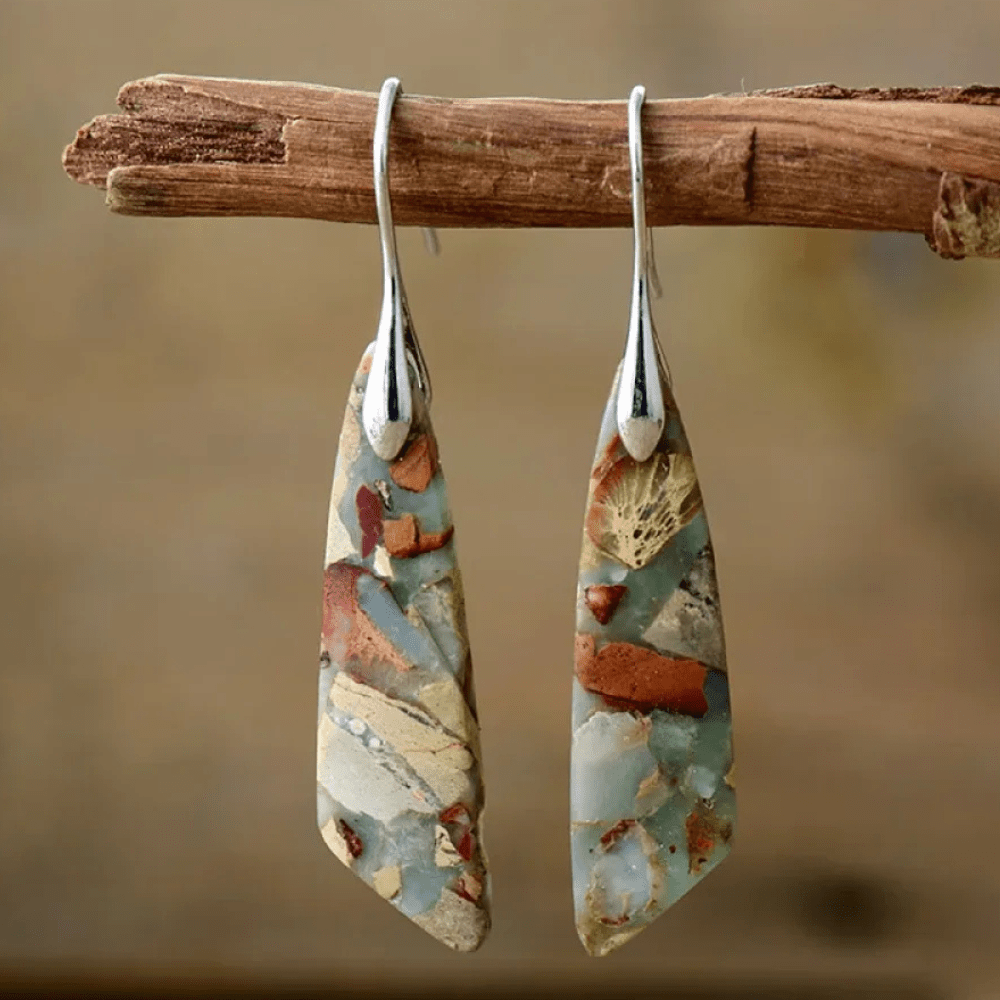 Natural Stone Mosaic Drop Earrings with Sterling Silver Hooks - Earrings