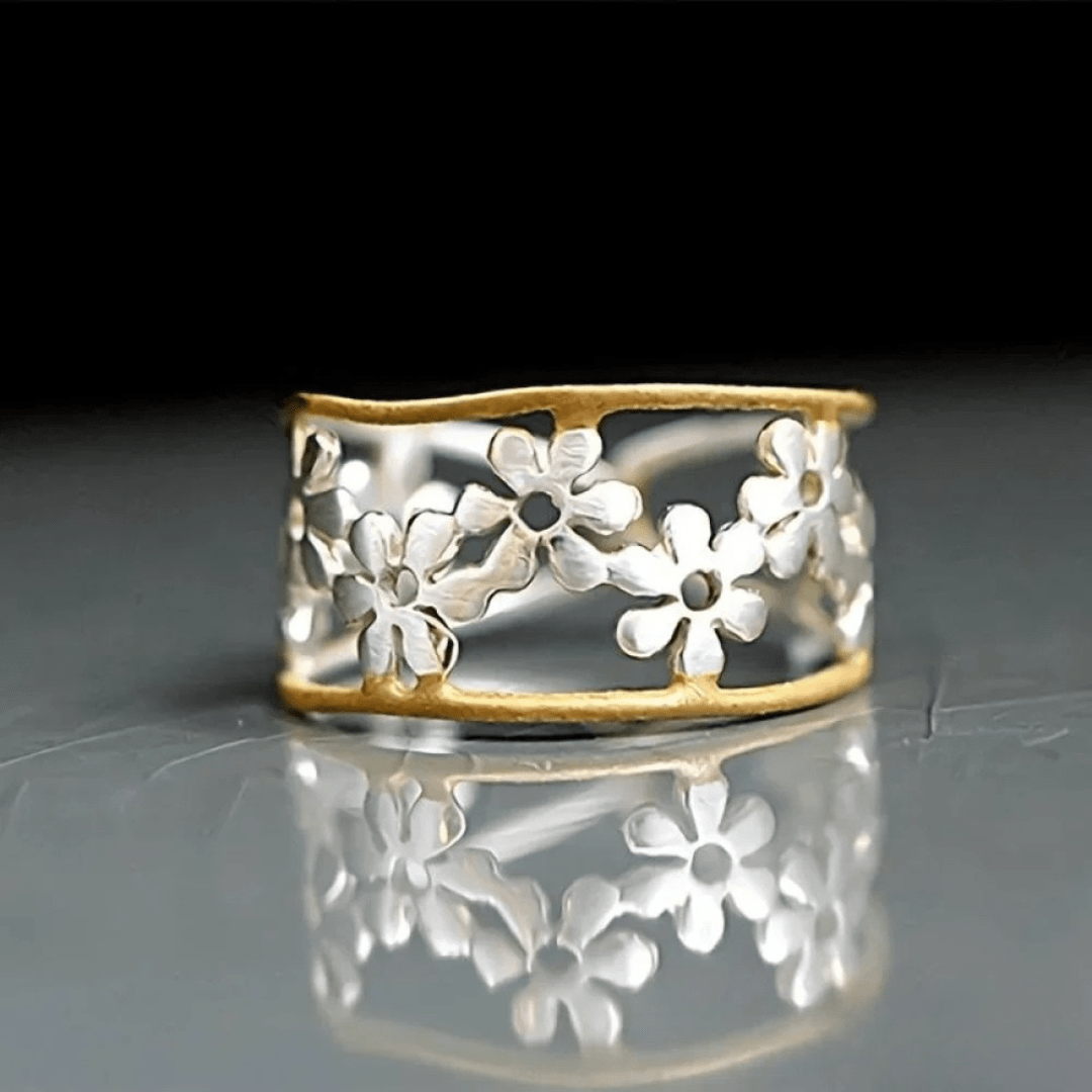 Openwork Floral Band Ring in Silver and Gold Finish - Ring