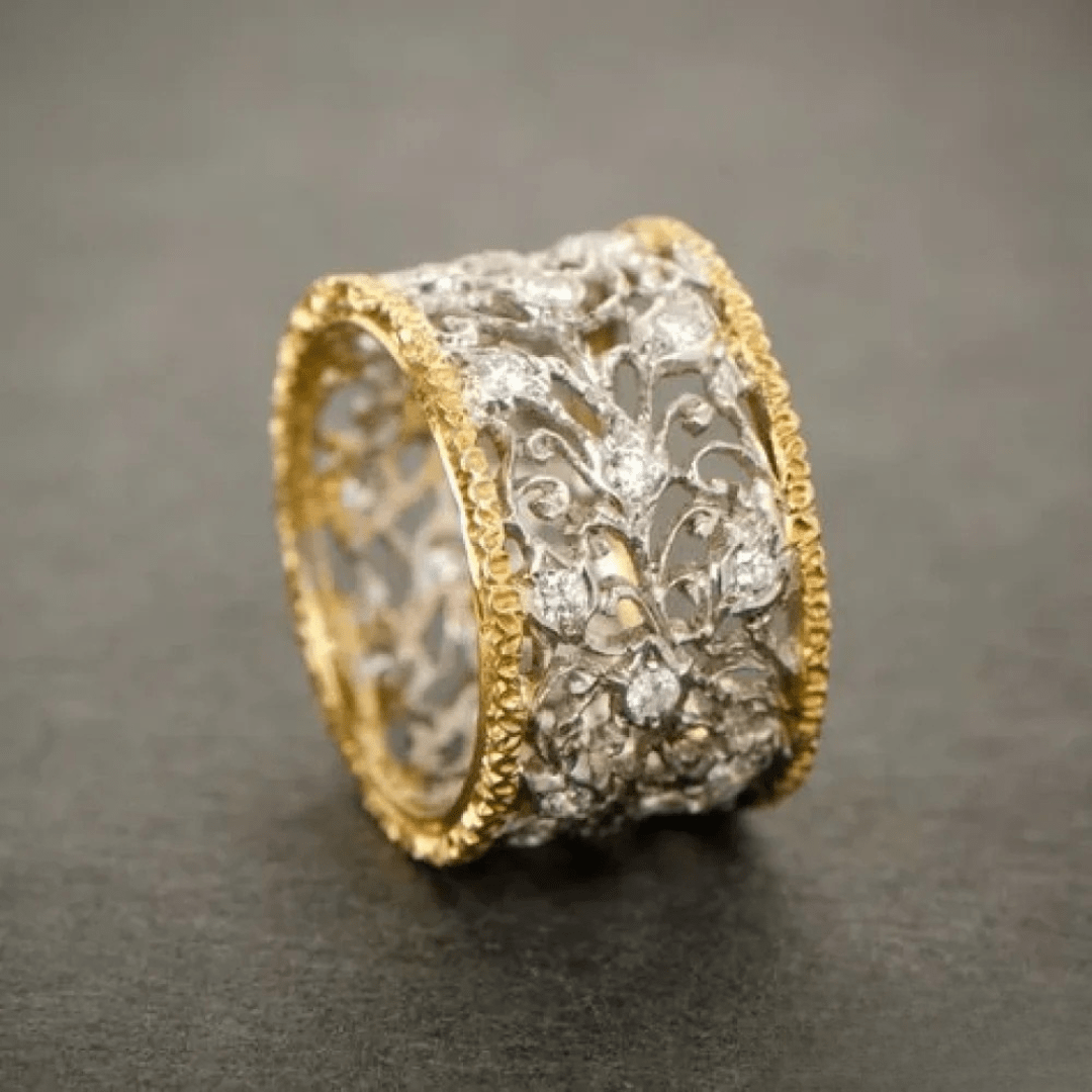 Ornate Filigree Wide Band Ring with Gold Accents - Ring