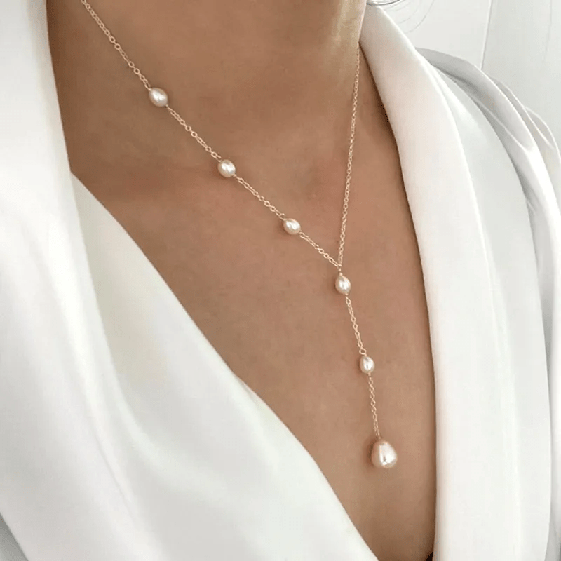 Pearl Lariat Y - Necklace in Gold Chain - Necklaces