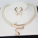 Pearl Necklace and Earring Set with Crystal Wave Design - Jewelry Set