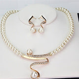 Pearl Necklace and Earring Set with Crystal Wave Design - Jewelry Set