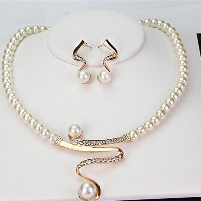 Pearl Necklace and Earring Set with Crystal Wave Design - Jewelry Set