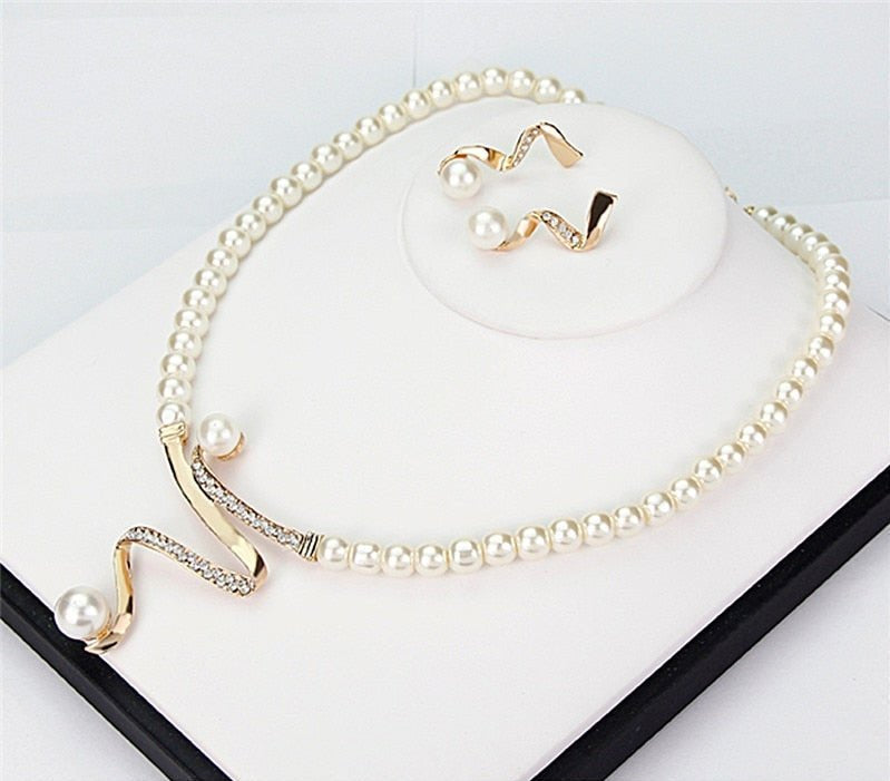 Pearl Necklace and Earring Set with Crystal Wave Design - Jewelry Set