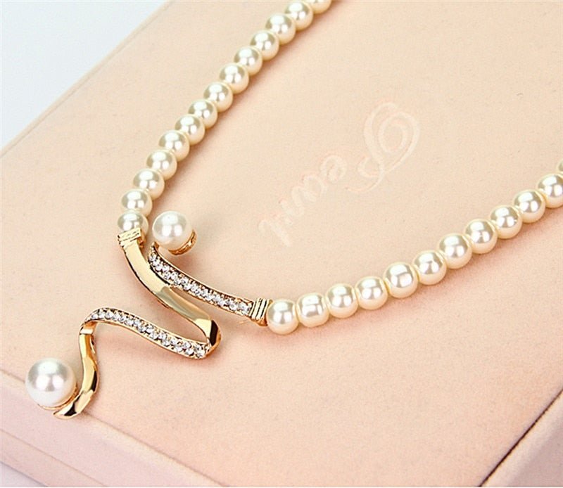Pearl Necklace and Earring Set with Crystal Wave Design - Jewelry Set