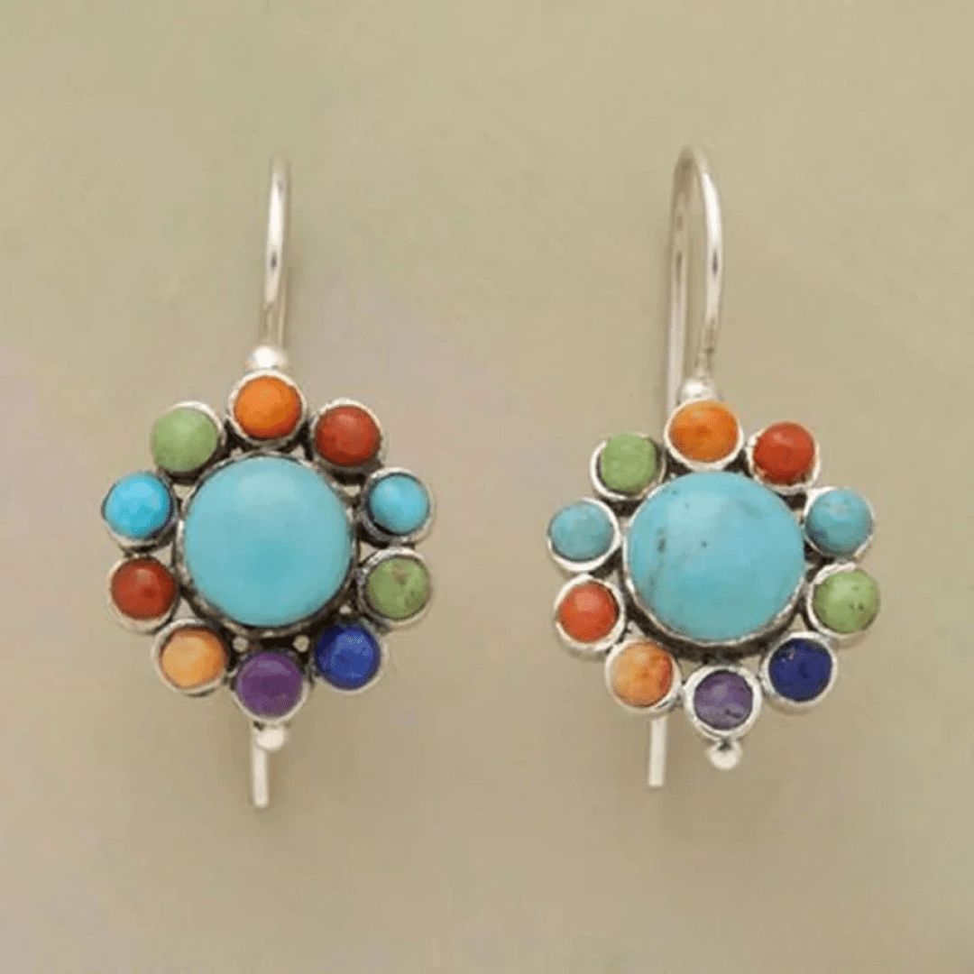 Rainbow Chakra Gemstone Earrings with Turquoise Center - Earrings