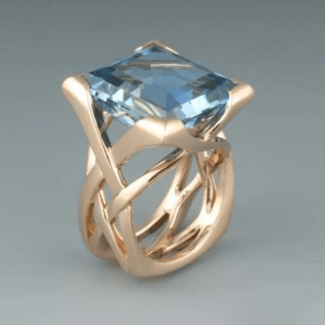 Rose Gold Cocktail Ring with Blue Princess - Cut Stone - Ring