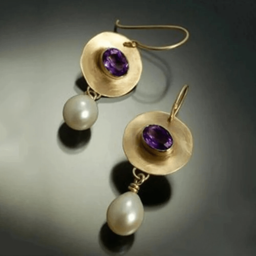 Round Drop Earrings with Faceted Gemstone and Pearl - Earrings