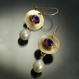Round Drop Earrings with Faceted Gemstone and Pearl - Earrings