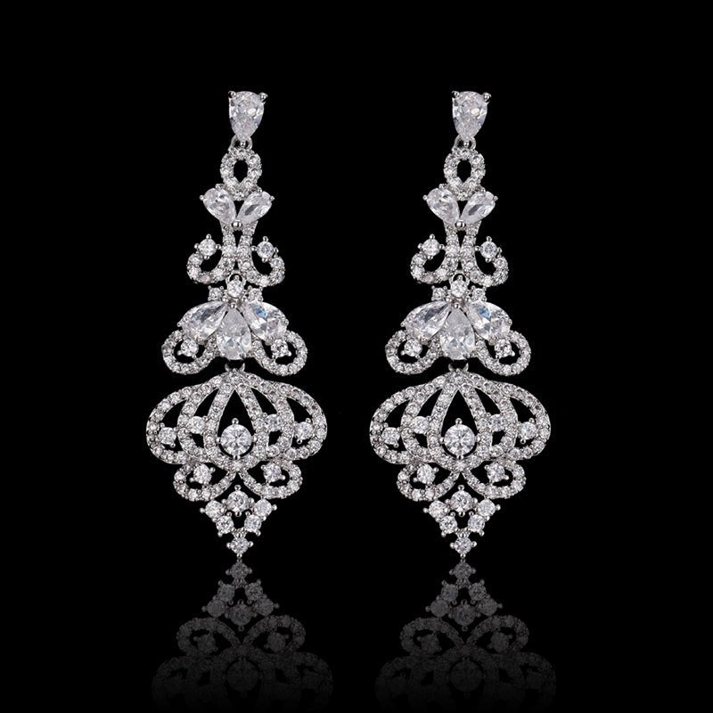 Silver Crystal Chandelier Earrings with Filigree Detail - Earrings