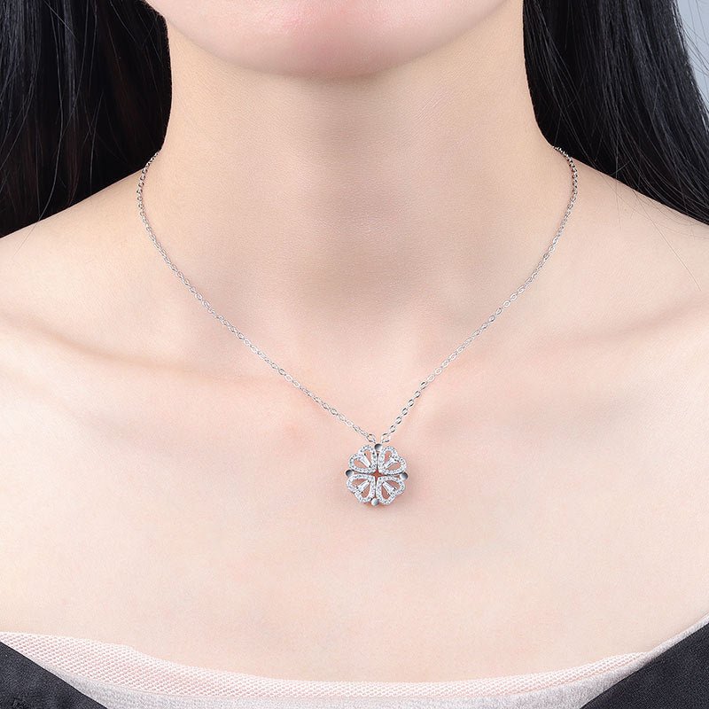 Silver Heart Clover Pendant Necklace - Necklaces