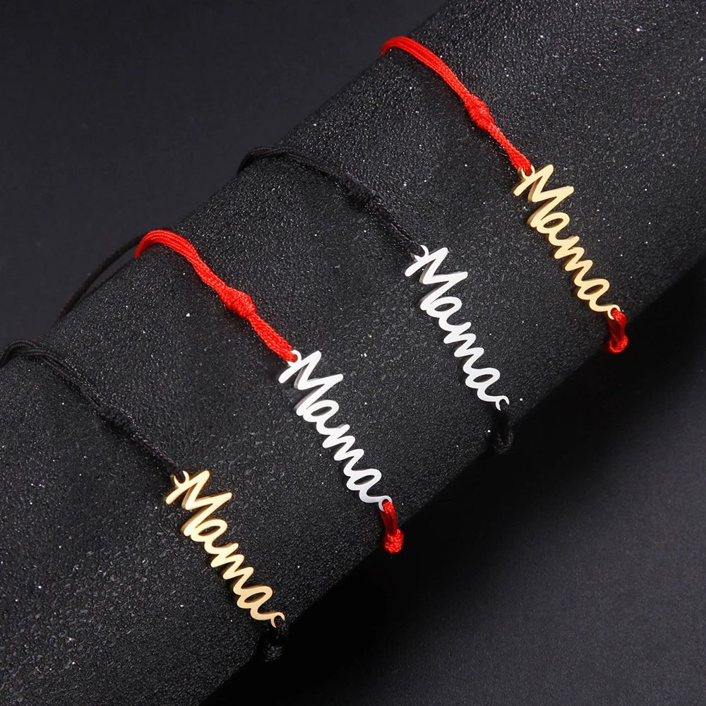 Silver "Mama" Cord Bracelet – Adjustable Black String - Bracelets