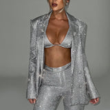Sparkle Oversized Blazer, Triangle Bralette & Tailored Trousers Set - Women's Outfit Set