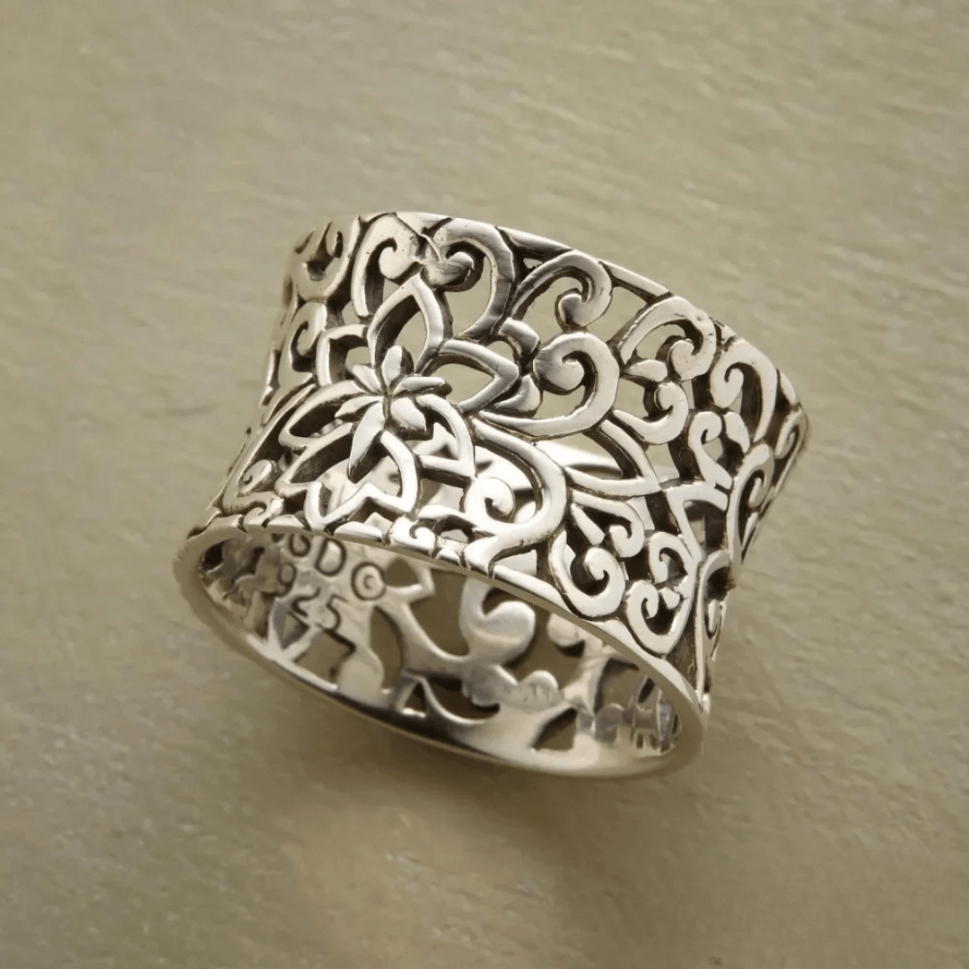 Sterling Silver Filigree Flower Ring with Wide Band Design - Ring