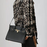 Structured Leather Work Bag with Gold Lock - Women's Handbags