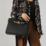 Structured Leather Work Bag with Gold Lock - Women's Handbags