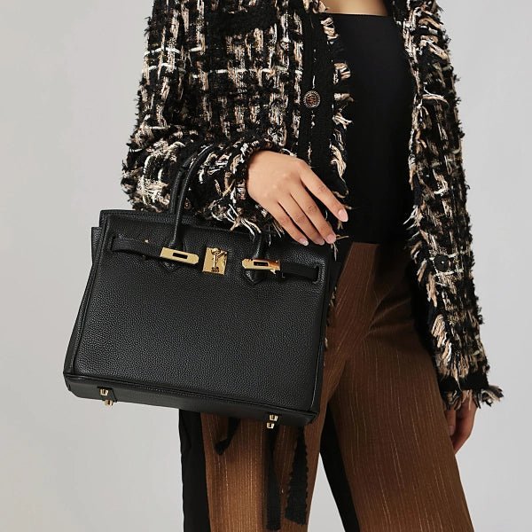 Structured Leather Work Bag with Gold Lock - Women's Handbags