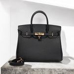 Structured Leather Work Bag with Gold Lock - Women's Handbags