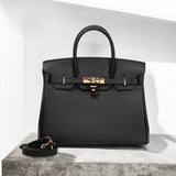 Structured Leather Work Bag with Gold Lock - Women's Handbags